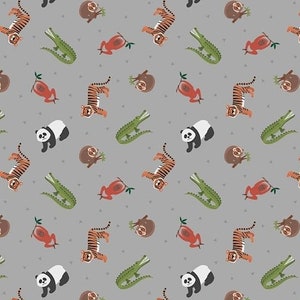 May include: A seamless pattern featuring a variety of animals, including tigers, pandas, sloths, frogs, and alligators. The animals are illustrated in a cartoon style and are set against a light gray background.