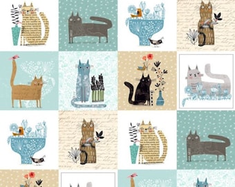 Fat Quarter - It's Raining Cats and Dogs - Cats Teal Cotton Fabric