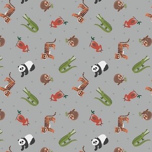 May include: A seamless pattern featuring a variety of animals, including tigers, pandas, sloths, frogs, and alligators. The animals are illustrated in a cartoon style and are set against a light gray background.