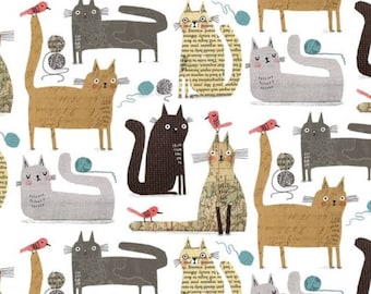Fat Quarter - It's Raining Cats and Dogs - Cats at Play White Cotton Fabric