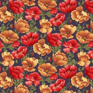Cats n Quilts : coquelicots en fleurs rouge tissu en coton, 110 cm de large (par mètre)