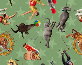 May include: A green background with a repeating pattern of circus animals, performers, and objects. There are tigers, zebras, elephants, a seal, a cannon, a lion, a monkey, and a person on a trapeze.