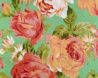 Red Roses on Green Cotton Fabric 110cm (per metre)