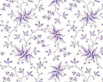 Fat Quarter - Lavender Fields: Elise Leaves Purple / White Cotton Fabric