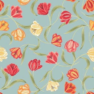 Fat Quarter - Campos de tulipanes: Tulipanes sobre tela de algodón azul verdoso