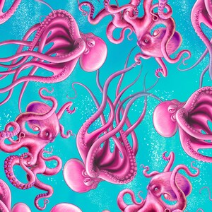 Puede incluir: Un fondo azul vibrante con cinco pulpos rosas con largos tentáculos flotantes. Los pulpos están dispuestos en un patrón de remolino, creando un diseño dinámico y juguetón.