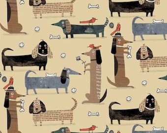Fat Quarter - It's Raining Cats and Dogs - Long Dogs Camel Cotton Fabric