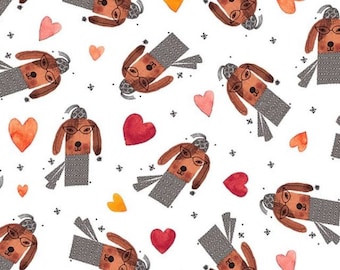 Fat Quarter - It's Raining Cats and Dogs - Hearts and Dogs White Cotton Fabric