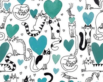 Fat Quarter - It's Raining Cats and Dogs - Hearts and Cats Teal Cotton Fabric
