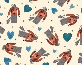 Fat Quarter - It's Raining Cats and Dogs - Hearts and Dogs Natural Cotton Fabric
