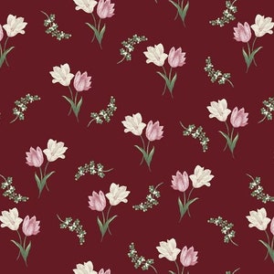 Tela de algodón color burdeos con estampado de tulipanes grabados de Evelyns (Tulipanes grabados)