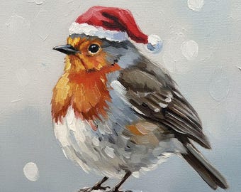 Festive Robin in a Red Hat - Hand-Painted Oil Painting