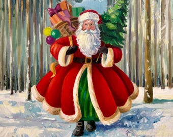 Santa Claus in a Winter Forest, Oil Painting- Christmas Art, Original Hand-Painted