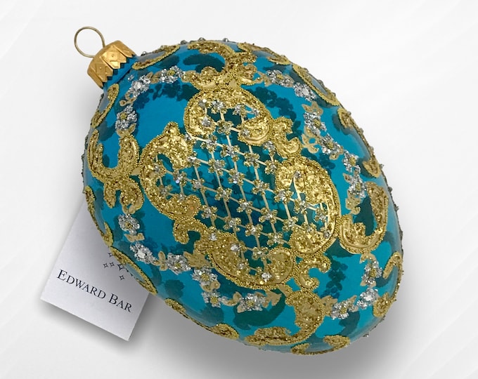 Transparent Turquoise Egg, Ornamental, Glass Christmas Tree Ornaments, Handmade In Poland, Royal Faberge Style Eggs with Swarovski Crystals