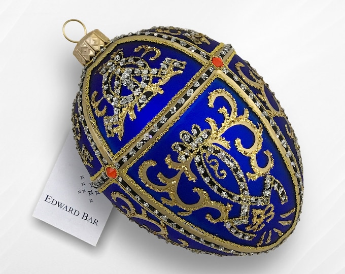 Sapphire Matt Egg, Oriental Ornament Egg, Glass Christmas Ornament With Swarovski Crystals, Handmade In Poland, Faberge style tsar's egg