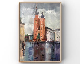 Krakow Main Market Square | St. Mary's Church | Krakow painted with oil paints | Original Painting 12x16 inch