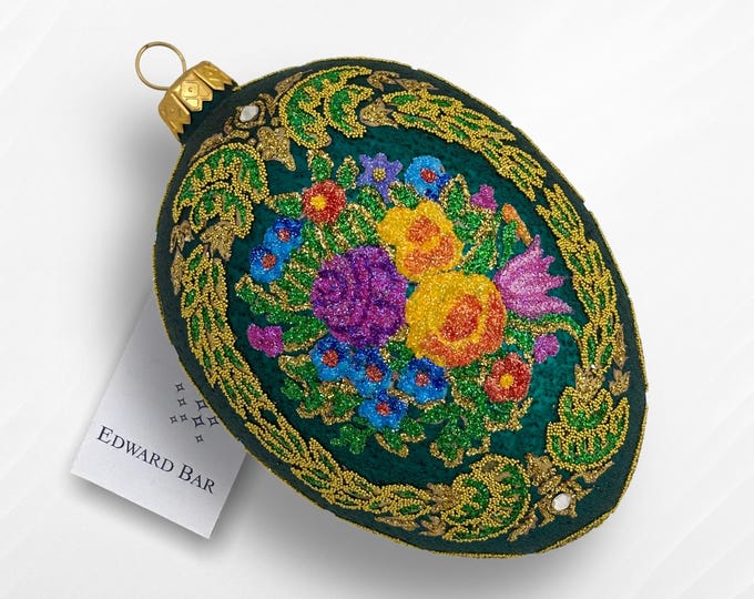 Green Egg, Flower Wreath, Glass Christmas Tree Ornament, Eggs Faberge Style, Swarovski Crystals, Royal Gift, Glass Handmade in Poland