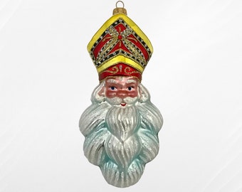 St. Nicholas, Santa Claus Head Ornament, Glass Christmas Tree Ornaments, Traditional Handmade In Poland