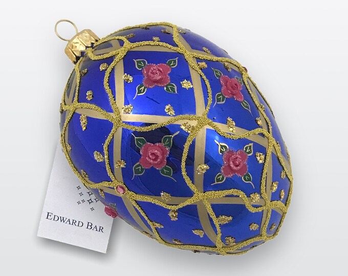 Sapphire Egg, Wild Rose, Glass Christmas Ornaments Whit Swarovski Crystals, Faberge Style Egg, Royal Gift, Handmade in Poland,