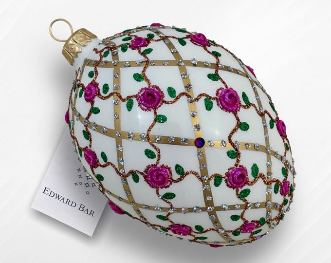 White Egg,Roses On Trellis,Christmas Tree Ornaments,Handmade,Faberge style tsar's egg with Swarovski crystals,Edward Bar decoration
