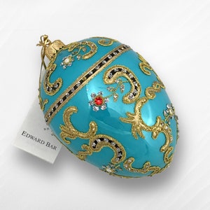 Turquoise Egg, Azov, Glass Christmas Tree Ornaments, Faberge Style Tsar's Egg, Swarovski Crystals, Edward Bar Art Studio