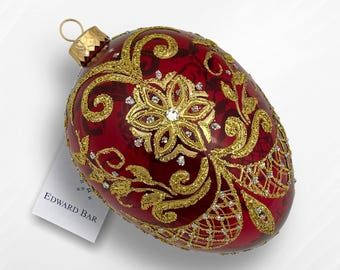Red Transparent Egg, Pysanka, Glass Egg Ornament with Swarovski Crystals, Hand Painted Christmas Tree Decorations, Egg Faberge Style