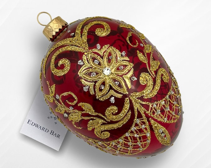 Red Transparent Egg, Pysanka, Glass Egg Ornament with Swarovski Crystals, Hand Painted Christmas Tree Decorations, Egg Faberge Style