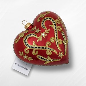 Red glossy heart, glass christmas ornament hand-decorated, heart glass bauble,Polish glass traditional