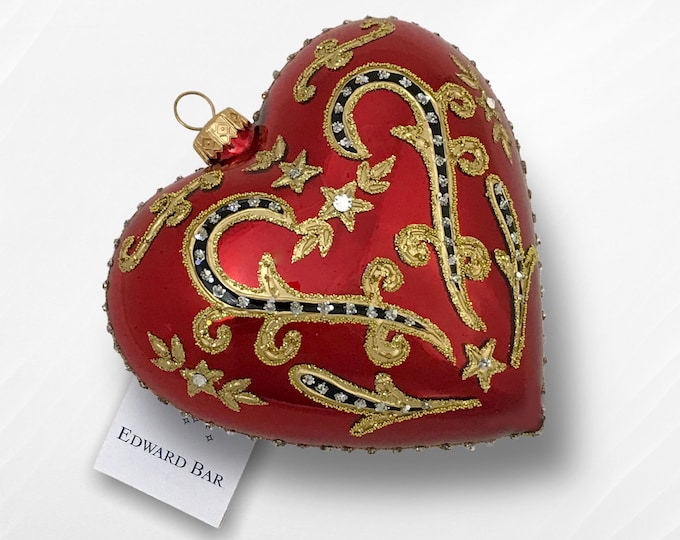 Red glossy heart, glass christmas ornament hand-decorated, heart glass bauble,Polish glass traditional