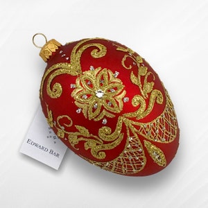 Red Easter Egg, Pysanka, Glass Egg Ornament with Swarovski Crystals, Hand Painted Christmas Tree Decorations, Egg Faberge Style