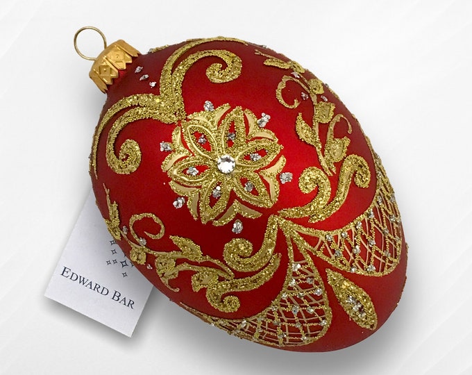 Red Easter Egg, Pysanka, Glass Egg Ornament with Swarovski Crystals, Hand Painted Christmas Tree Decorations, Egg Faberge Style