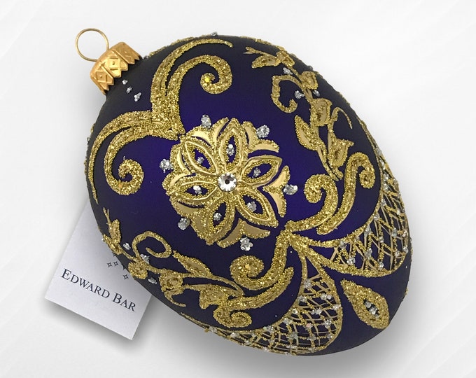 Dark Purple Easter Egg, Pysanka, Glass Egg Ornament with Swarovski Crystals, Hand Painted Christmas Tree Decorations, Egg Faberge Style