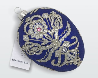 Sapphire & Silver Egg, Parzenica Goralska, Glass Christmas Tree Ornament, Egg Ornament with Swarovski Crystal, Handmade in Poland, Royal Egg