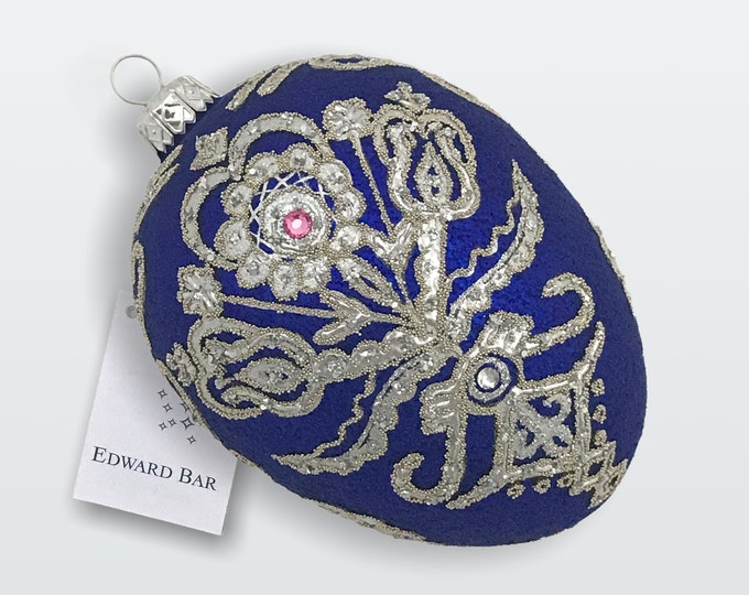 Sapphire & Silver Egg, Parzenica Goralska, Glass Christmas Tree Ornament, Egg Ornament with Swarovski Crystal, Handmade in Poland, Royal Egg