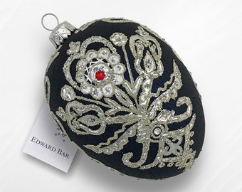 Indigo and Silver Egg, Parzenica Goralska, Glass Christmas Tree Ornament, With Swarovski Crystals, Handmade in Poland,