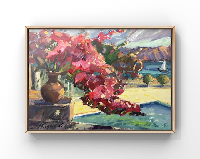 Greek Landscape | Bougainvillea by Pool | Original Painting 12x16 inch