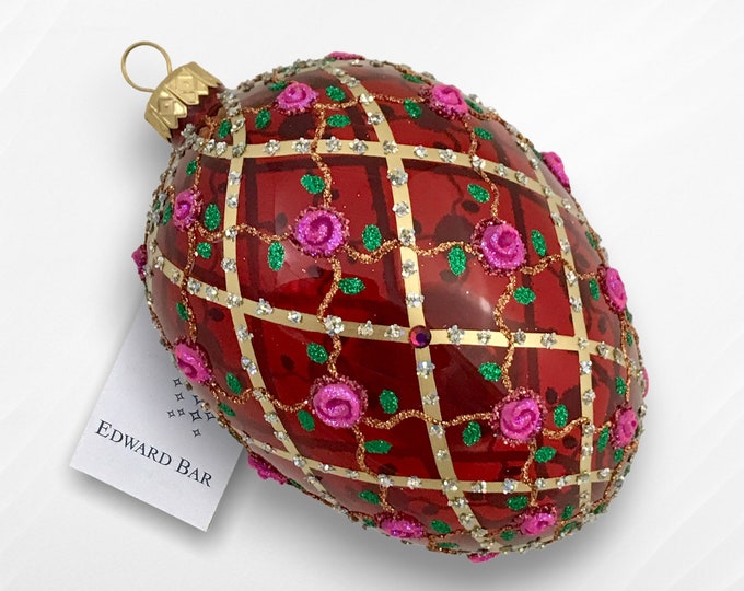 Red Transparent Egg, Rose Trellis, Glass Christmas Ornament, Handmade with Swarovski Crystals, Edward Bar Ornaments, Unique Gift