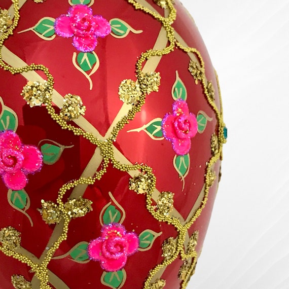 HANDMADE Rose Fabrege egg Ornament ＆ Royal Jewelry 24kGOLD 5ct SwaroskiRose Jeweled egg ＆ Faberge egg Russian Jewelry Necklace ＆ 2ct Diamond Bracel Crystals rose Swarovski beads cabochon parrot handmade egg - JO