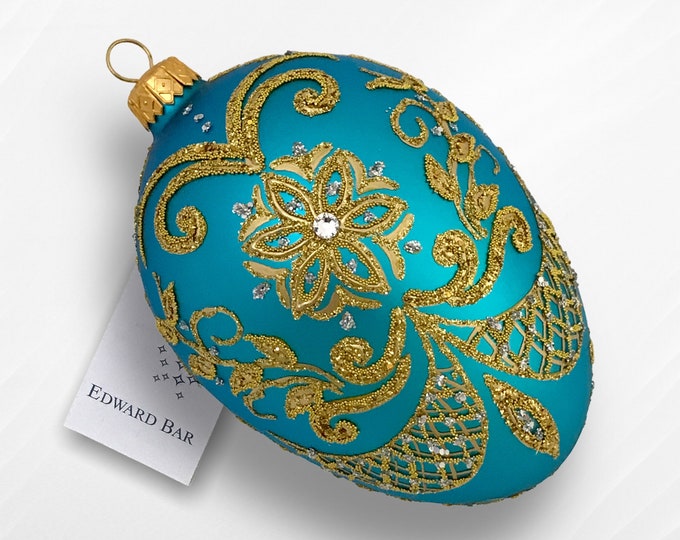 Sky blue Easter Egg, Pysanka, Glass Egg Ornament with Swarovski Crystals, Hand Painted Christmas Tree Decorations, Egg Faberge Style