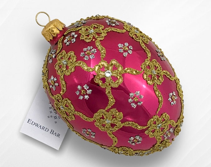 Red Glossy Egg, Ribbon Egg, Glass Christmas Tree Ornament Hand-made In Poland, Tsar's Style Eggs, Traditional Polish Glass, Royal Easter Egg