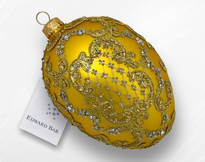 Golden Matt Egg, Ornamental, Glass Christmas Tree Ornaments, Handmade In Poland, Faberge Style, Swarovski Crystals, Traditional Glass