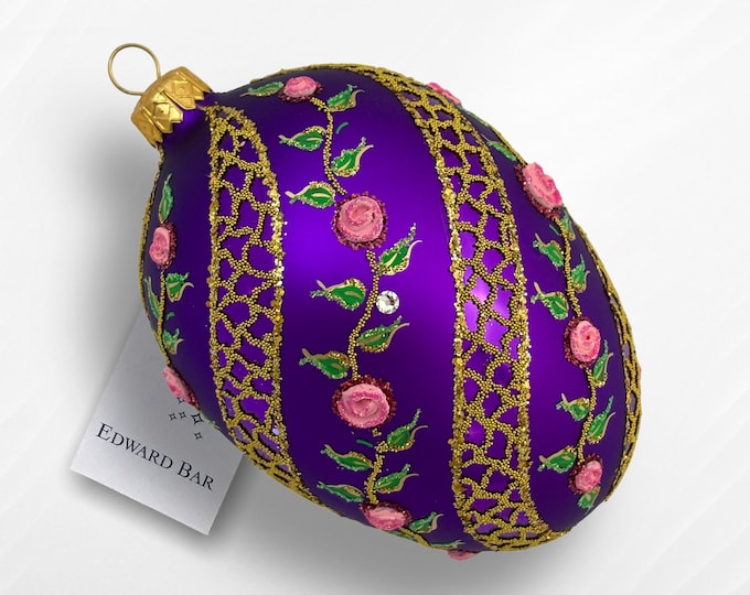 Violet Egg, Spiral Rose, Glass Christmas Tree Ornament, Handmade with Swarovski Crystals, Handmade in Poland