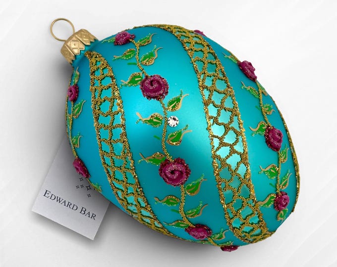 Jajko turkusowe | Spiralna Róża | Szklana ozdoba choinkowa | Bombka kolekcjonerska