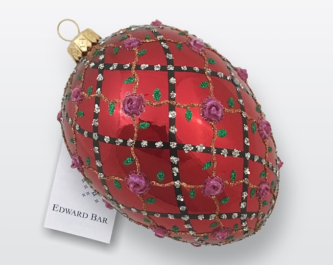 Red Egg, Rose Trellis, Rose Flowers Ornament, Glass Christmas Ornament, Handmade In Poland, Faberge Style Tsar's Egg with Swarovski Crystals