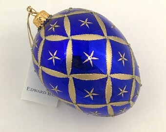 Sapphire Glossy Egg, Little Stars, Glass Christmas Ornaments, Swarovski Crystals, Handmade In Poland