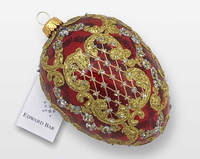 Transparent Red Egg, Ornamental, Glass Christmas Tree Ornaments, Handmade In Poland, Faberge Style, Swarovski Crystals