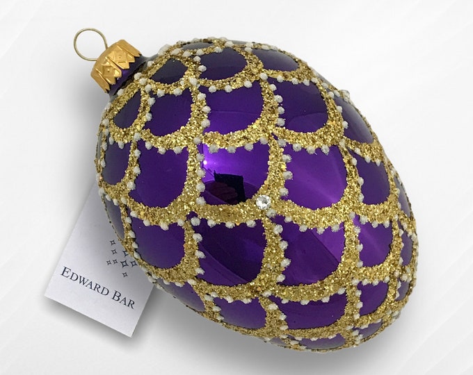 Purple Glossy Egg, Cone, Glass Christmas Ornaments with Swarovski Crystals, Handmade, Christmas Decoration, Traditional Glass Blowing