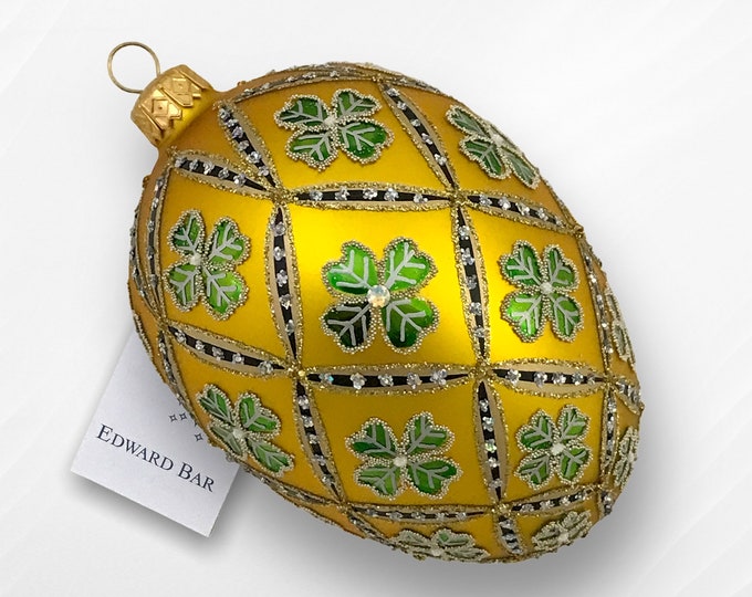 Gold egg, 4 Leaf Clover, Glass Christmas Ornaments With Swarovski Crystals, Handmade in Poland, Polish Traditional Glass,Hand-blown Glass