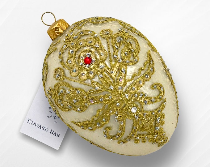 Creamy & Golden Egg, Parzenica Goralska, Glass Christmas Tree Ornament, With Swarovski Crystals, Handmade in Poland