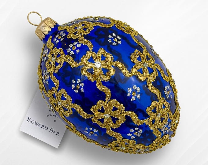 Transparent Sapphire Egg, Ribbons, Glass Christmas Tree Ornament, Handmade In Poland, Faberge Style, Swarovski Crystals